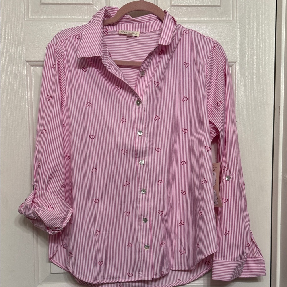 Pink Striped Button-Up Shirt with Heart Pattern